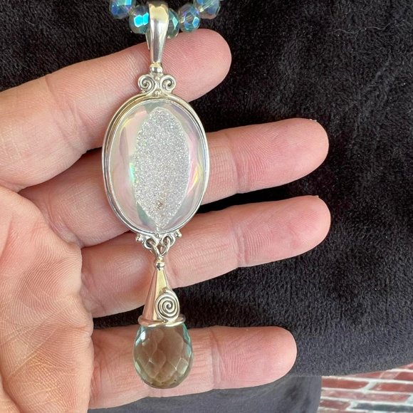 Sajen Sterling Silver Druzy Quartz Pendant on AAA Moonstone Beaded Necklace